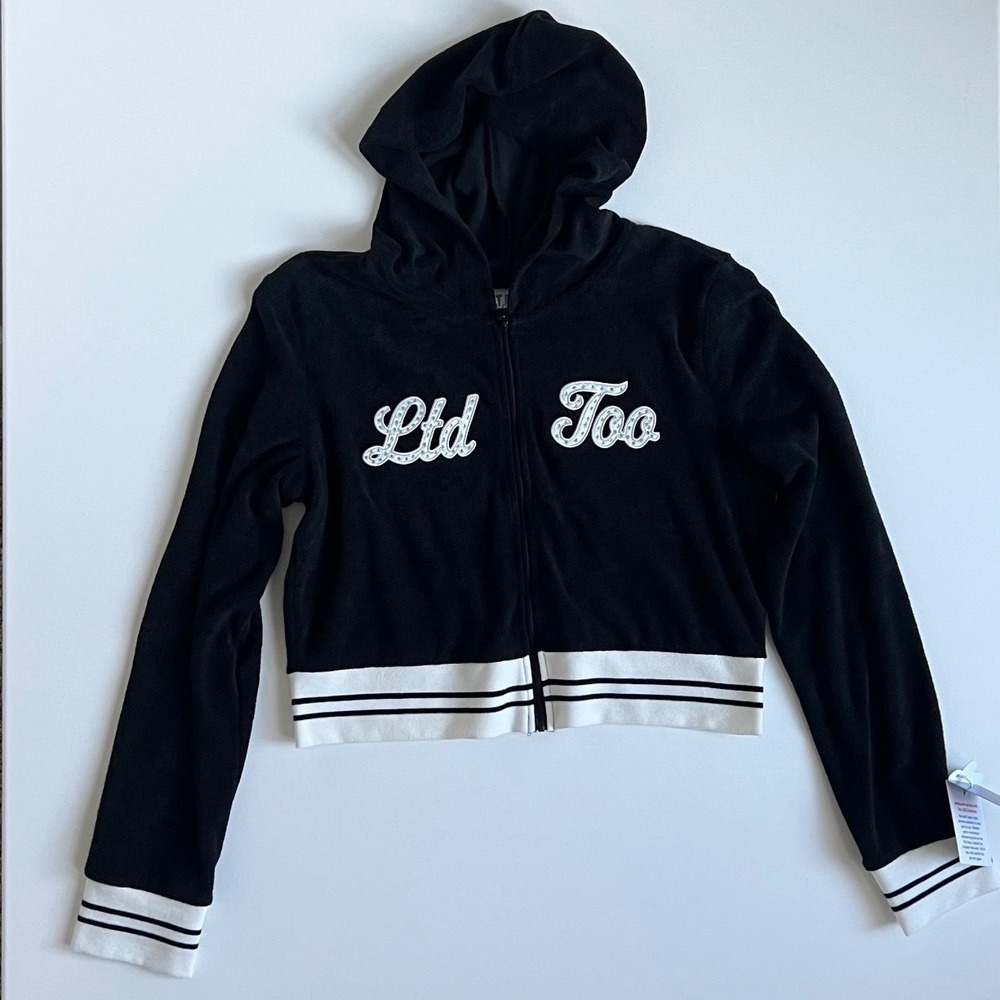 Limited Too Black Velour Cropped Zip Up Hoodie Rhinestone Logo NWT L 302221JR